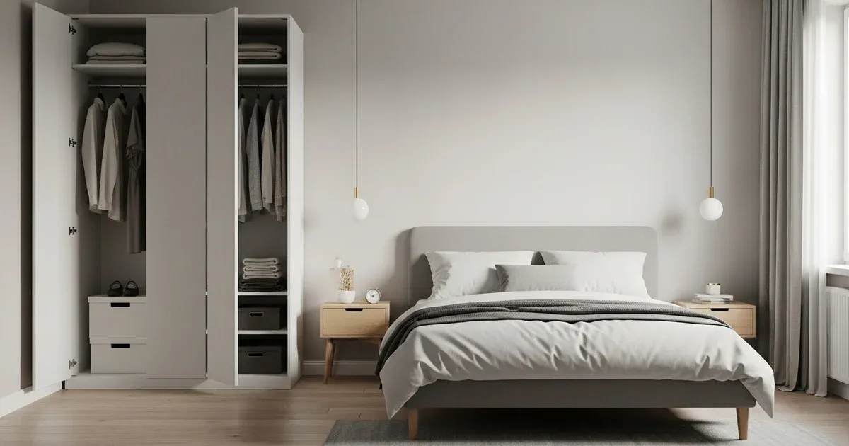 Tidy minimalist bedroom with a low platform bed, single nightstand, and clear surfaces in neutral tones