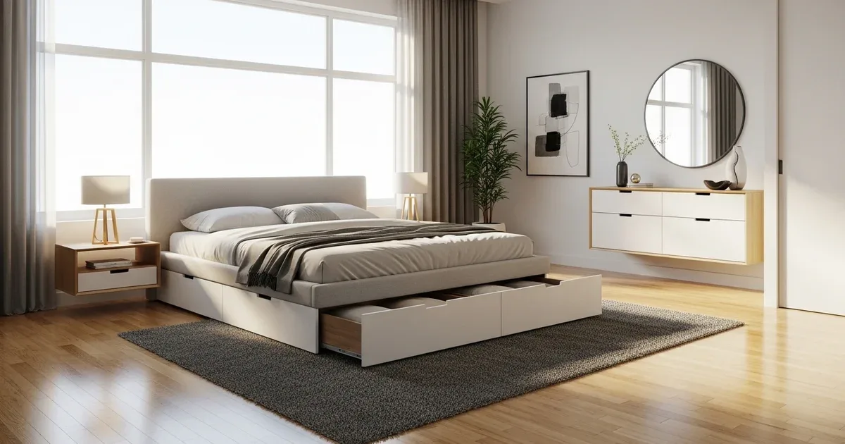 Under-bed space with flat rolling storage containers, labeled bins, and a vacuum bag storing seasonal bedding