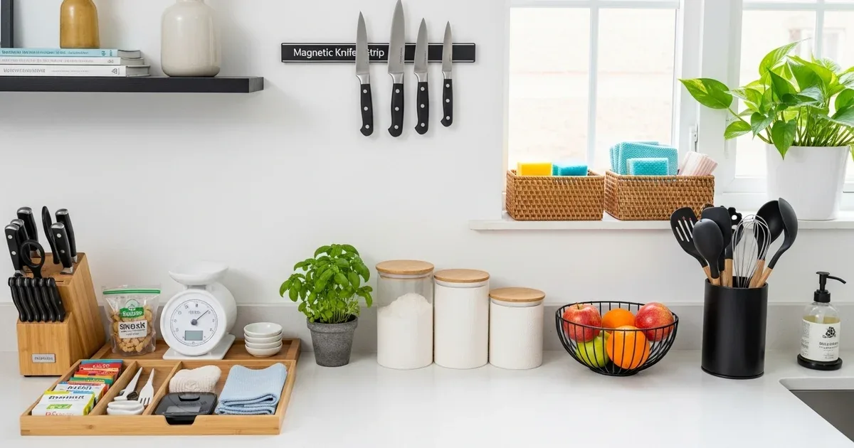 Kitchen counter with a tiered spice rack, a small fruit basket, and a paper towel holder neatly arranged near the stove