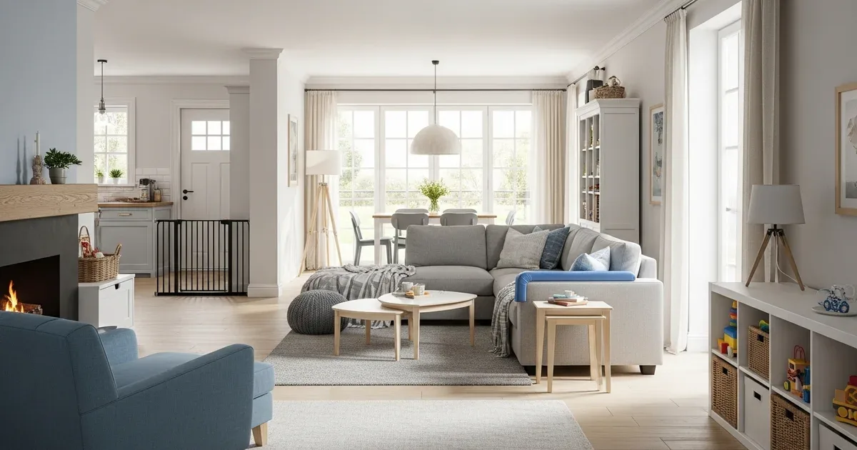 Living room with cabinet locks visible on lower cabinets, corner guards on a coffee table, and a baby gate mounted at a staircase