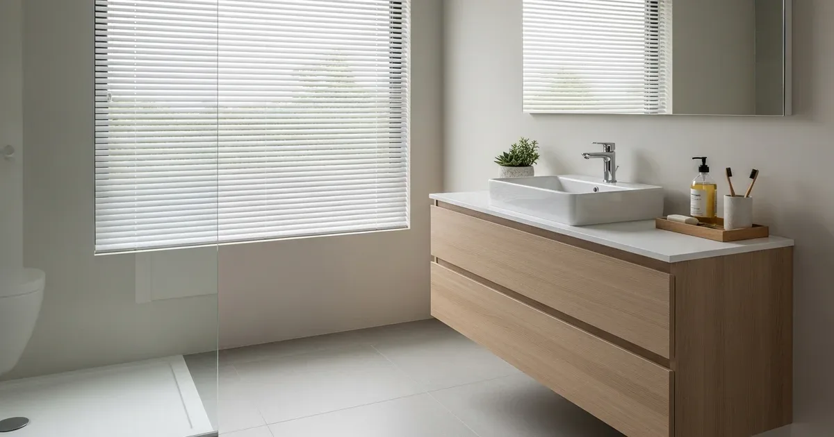 Horizontal aluminum blinds being wiped down with a damp microfiber cloth, slat by slat, in a bright kitchen window