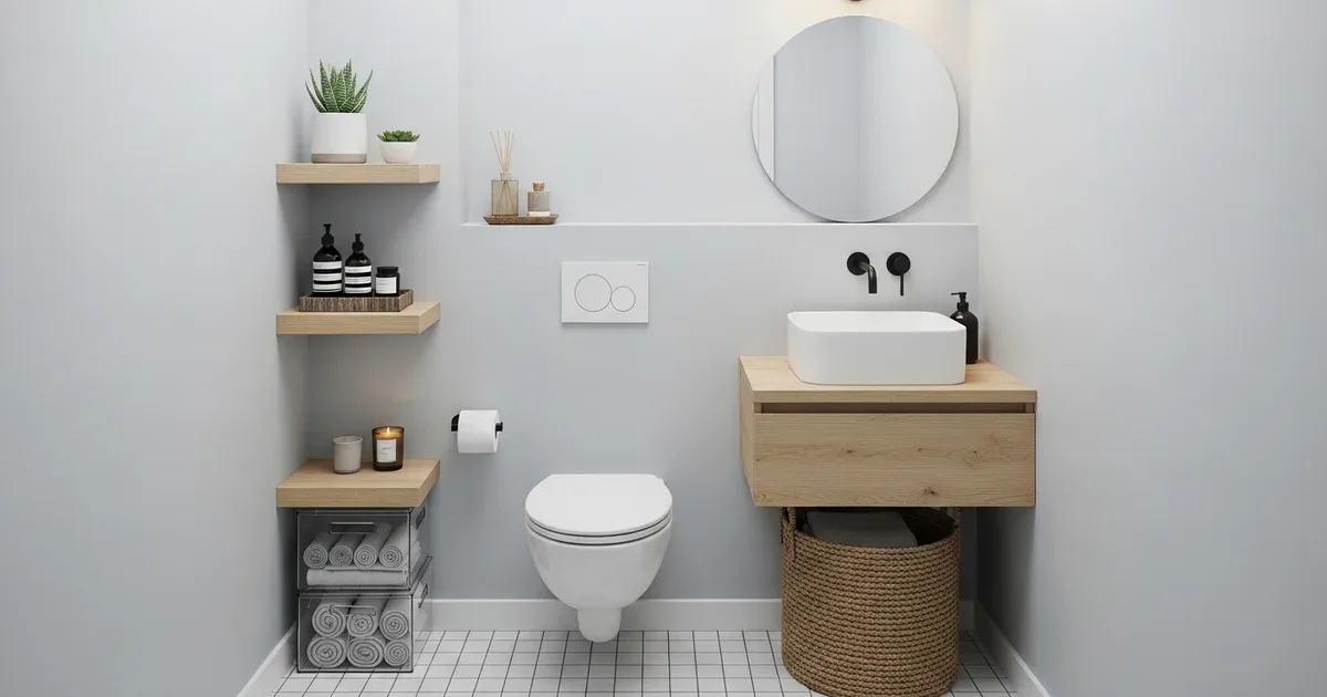 Small bathroom with a wall-mounted open shelf above the toilet, a magnetic strip for bobby pins near the mirror, and an over-door organizer on the back of the door