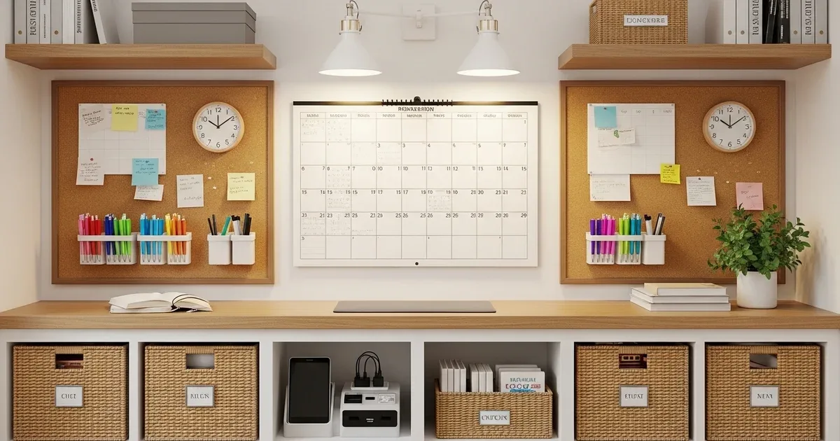 Wall-mounted family command center with a weekly calendar, labeled mail slots, a key hook rail, and a small whiteboard beside the kitchen entry