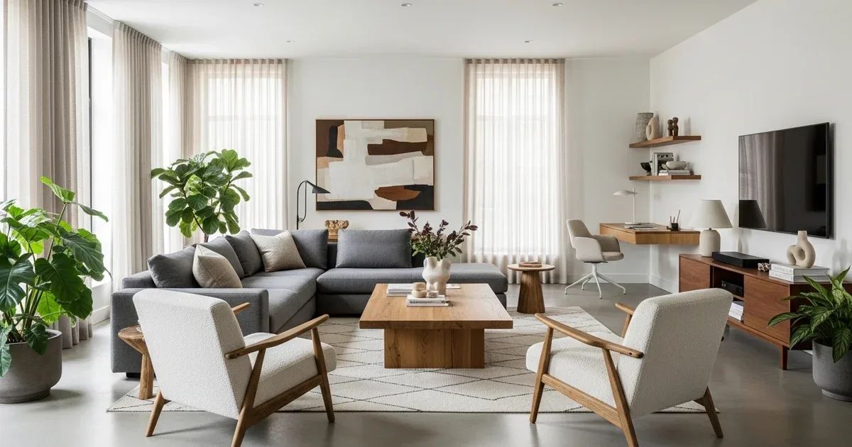 Open-plan living room with a fold-down wall desk, a sofa that converts to a guest bed, and zone-defining rugs separating a workspace from a seating area