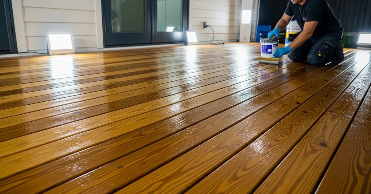 Weathered wood deck being cleaned with a pressure washer, showing the contrast between cleaned and uncleaned board sections
