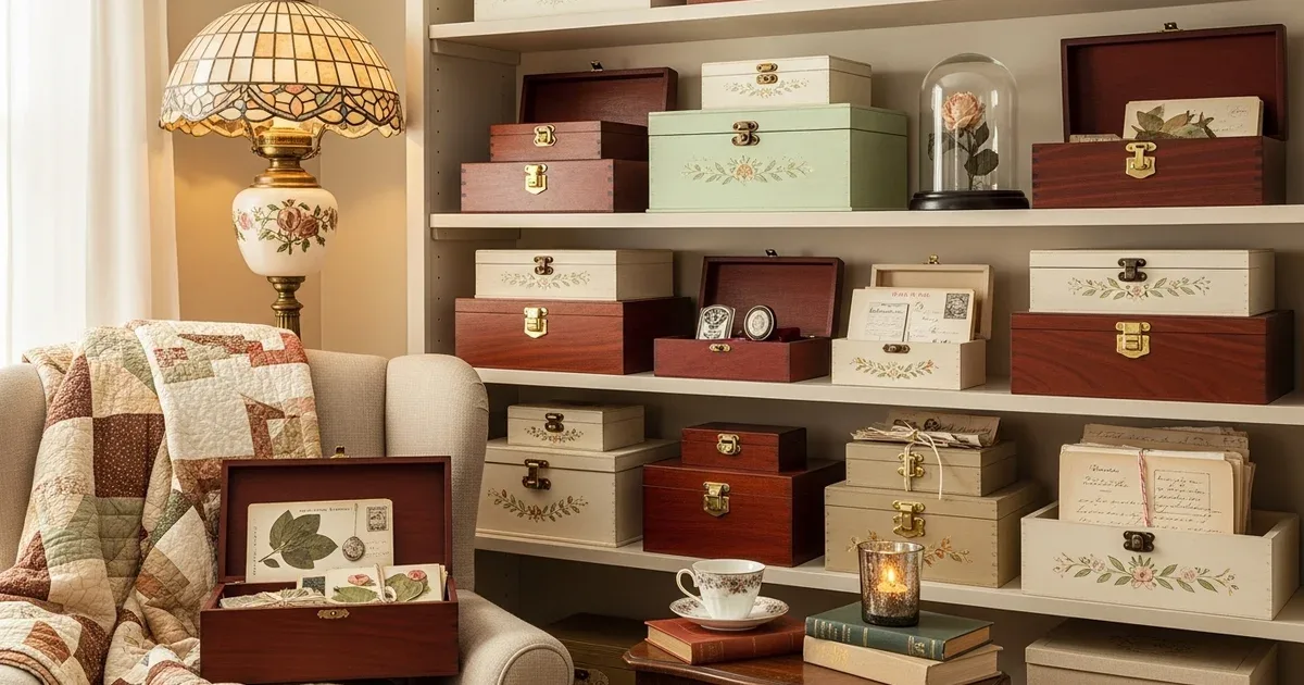 Open storage box containing old photographs, handwritten letters, and small keepsakes on a table beside a donation bag