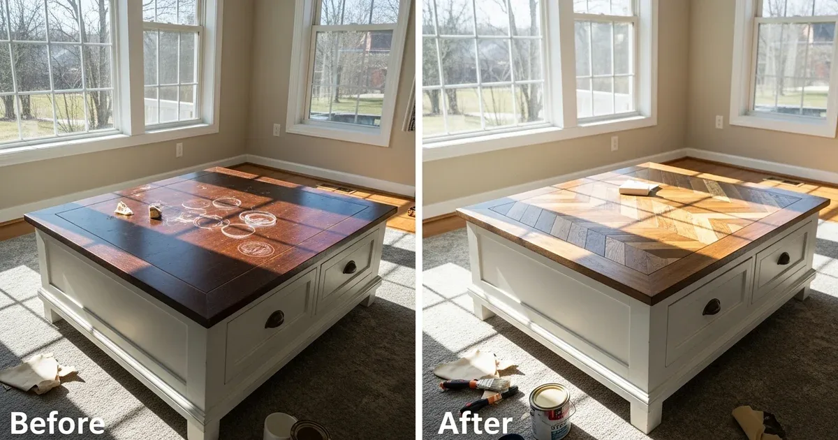 Wooden coffee table mid-refinish with one half sanded down to bare wood and the other half still showing old dark stain