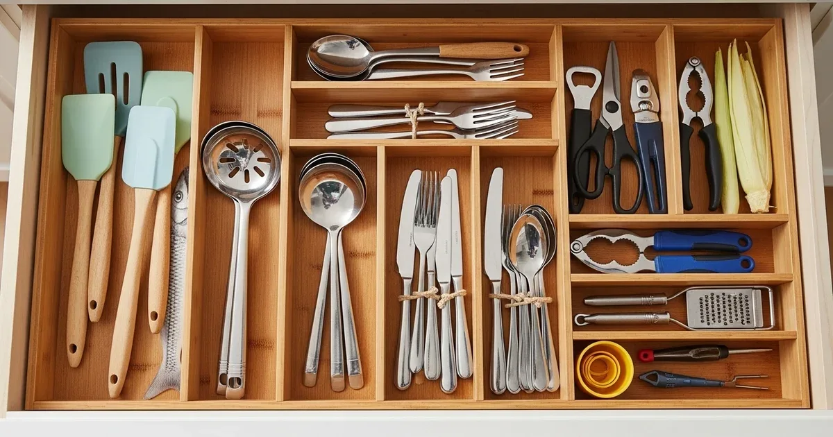 Kitchen drawer interior showing neatly arranged cutlery in cardboard-constructed custom divider sections