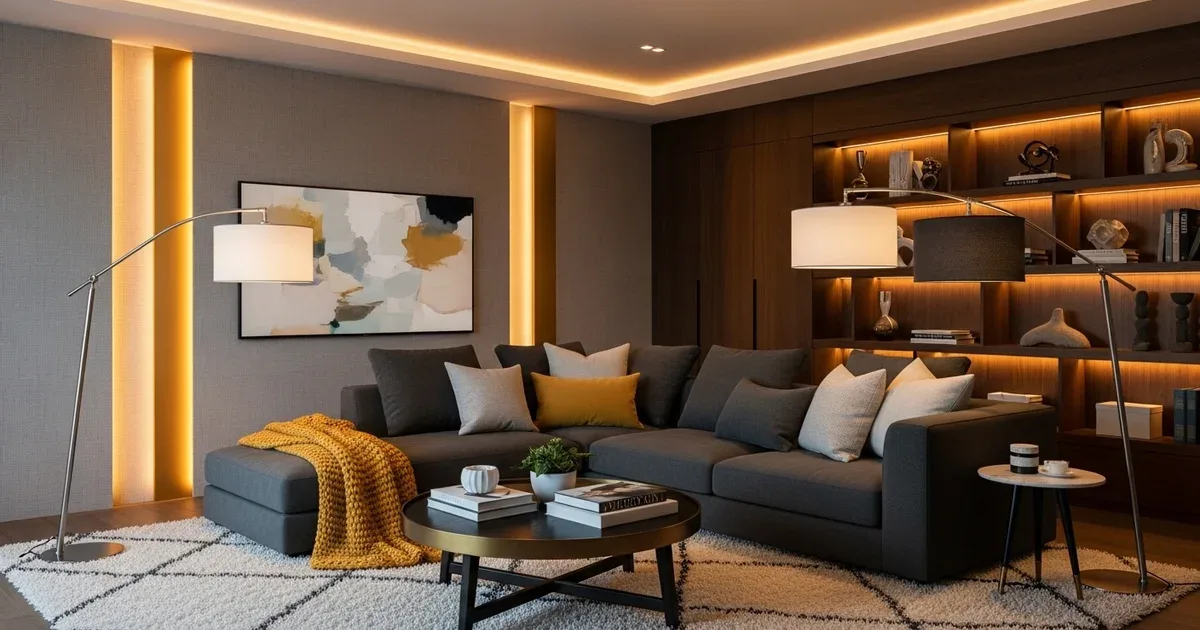 Living room with a floor lamp fitted with a smart bulb glowing warm white, a phone showing the lighting app on a nearby side table