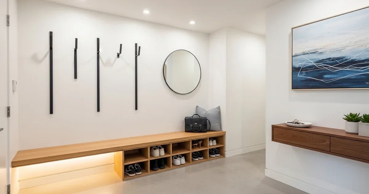 Narrow home entry with a wall-mounted hook rail, a small bench with shoe storage below, and a basket for mail on a console shelf