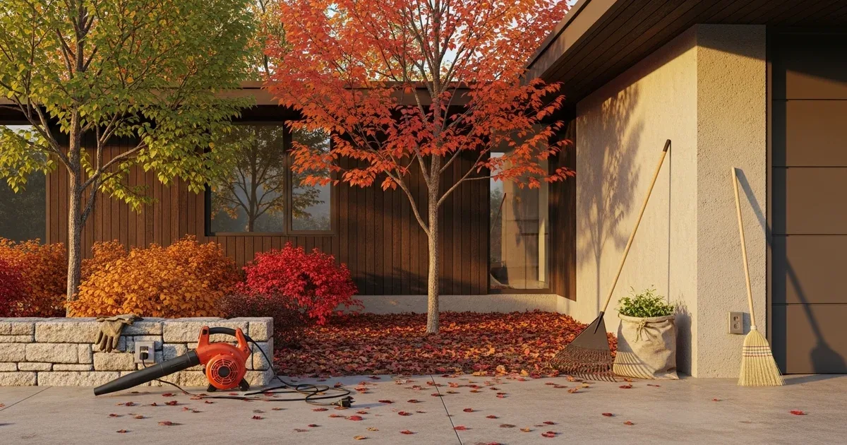 Homeowner on a ladder cleaning gutters filled with autumn leaves, with a clear blue sky behind