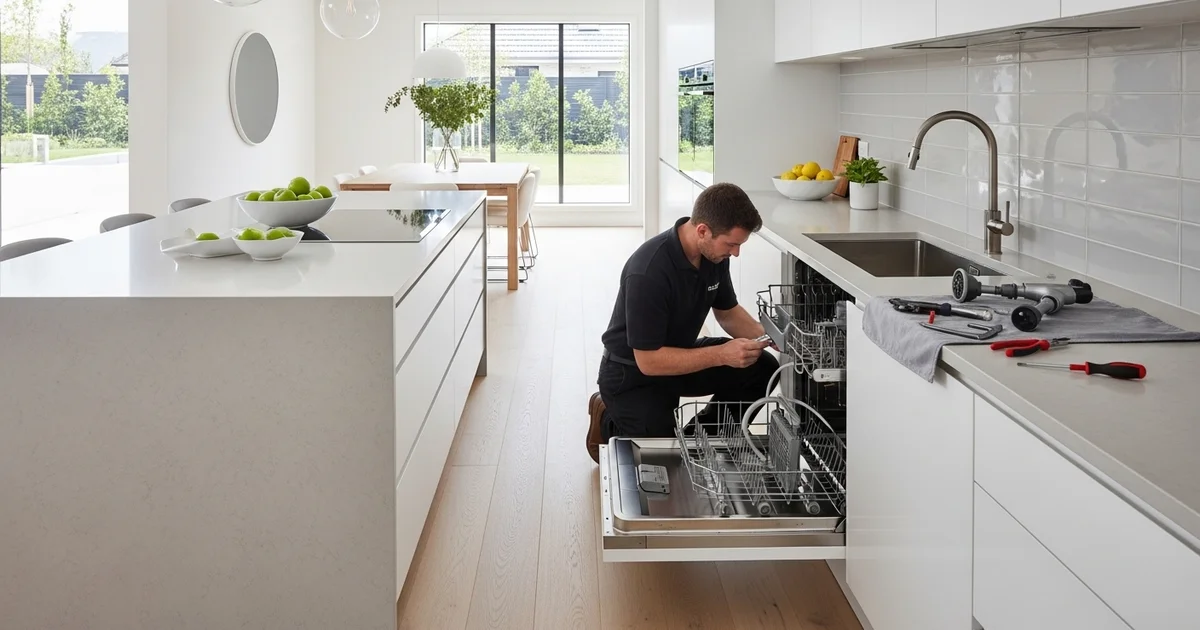 Open dishwasher showing the filter screen removed and being rinsed clean under a faucet