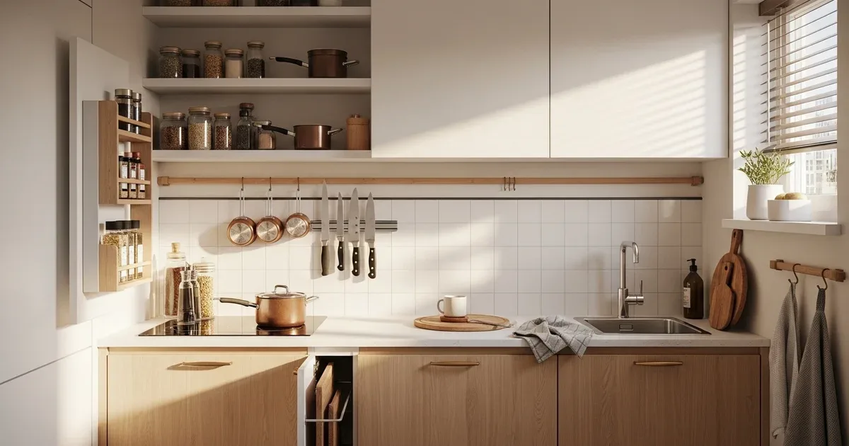 Compact kitchen with magnetic knife strip on the wall, hanging pot rack above the counter, and tension rod organizers inside lower cabinets