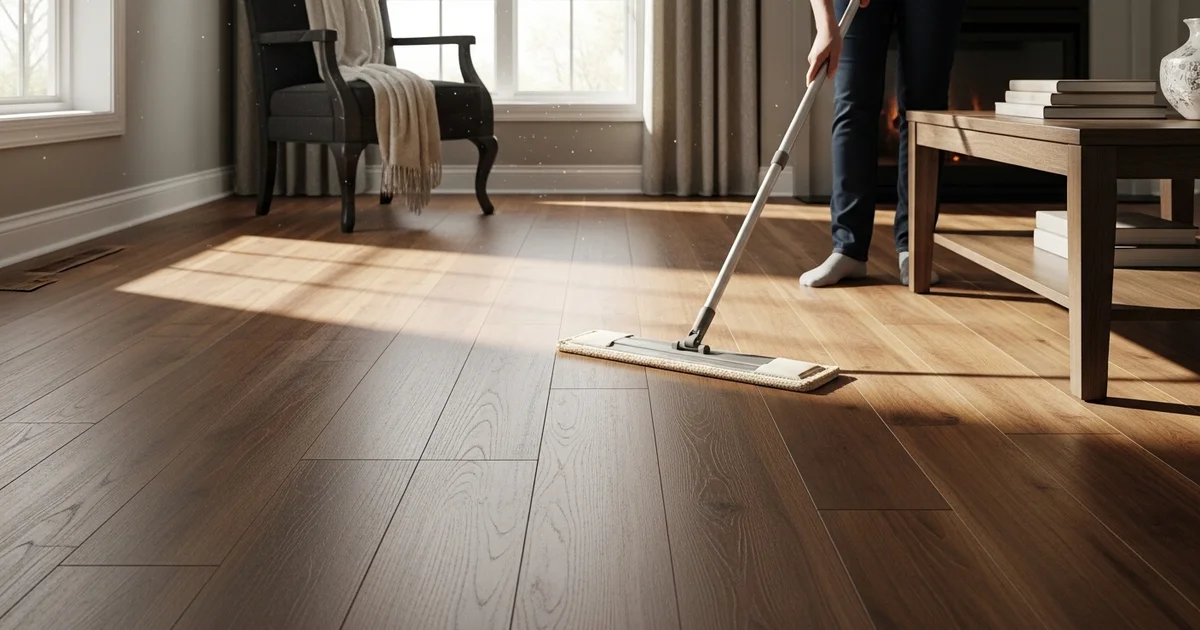 Gleaming hardwood floor in a living room being swept with a dry microfiber mop, sunlight reflecting off the surface