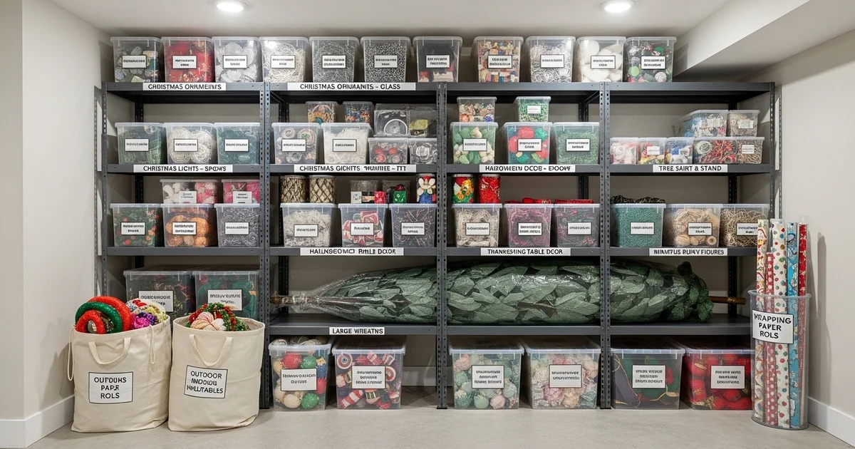 Clear labeled storage bins stacked with holiday ornaments in individual cells and rolled string lights beside them
