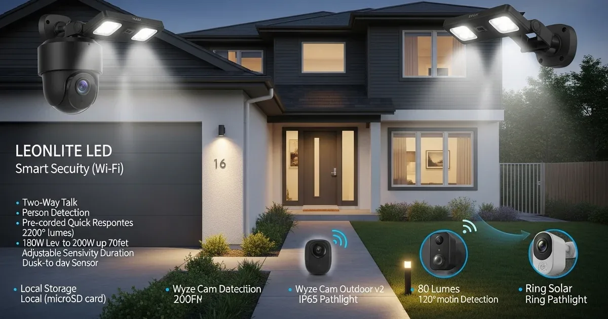 Front porch with a visible security camera mounted above the door, motion-sensor light on the corner, and a reinforced door lock visible