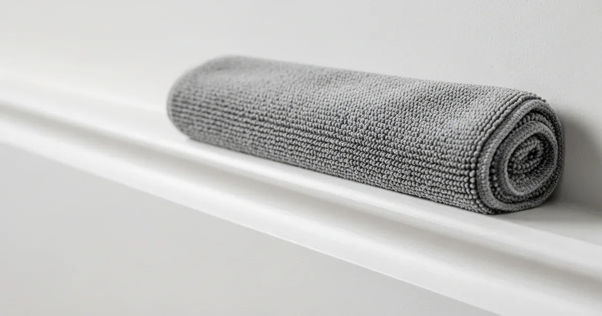 Hand wiping a white painted baseboard with a damp microfiber cloth, removing a visible band of grey dust