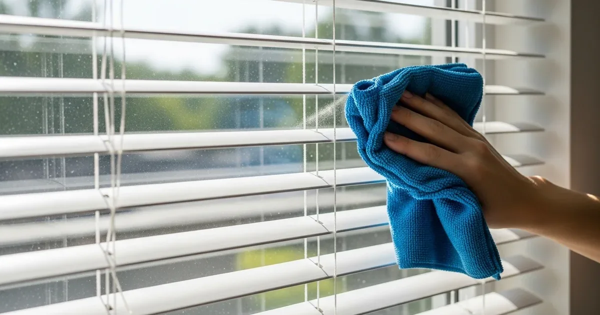 Variety of window coverings in a room — horizontal blinds, a fabric roller shade, and sheer curtains — in different stages of dusting