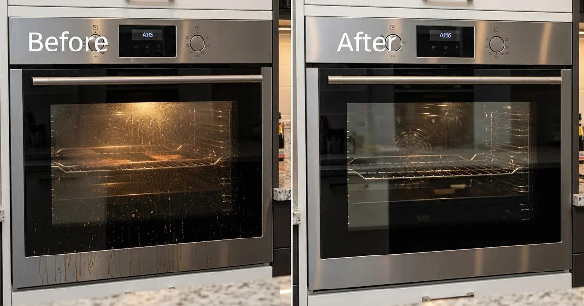 Oven door glass showing half cleaned to clear transparency and half still covered in dark baked-on grease residue