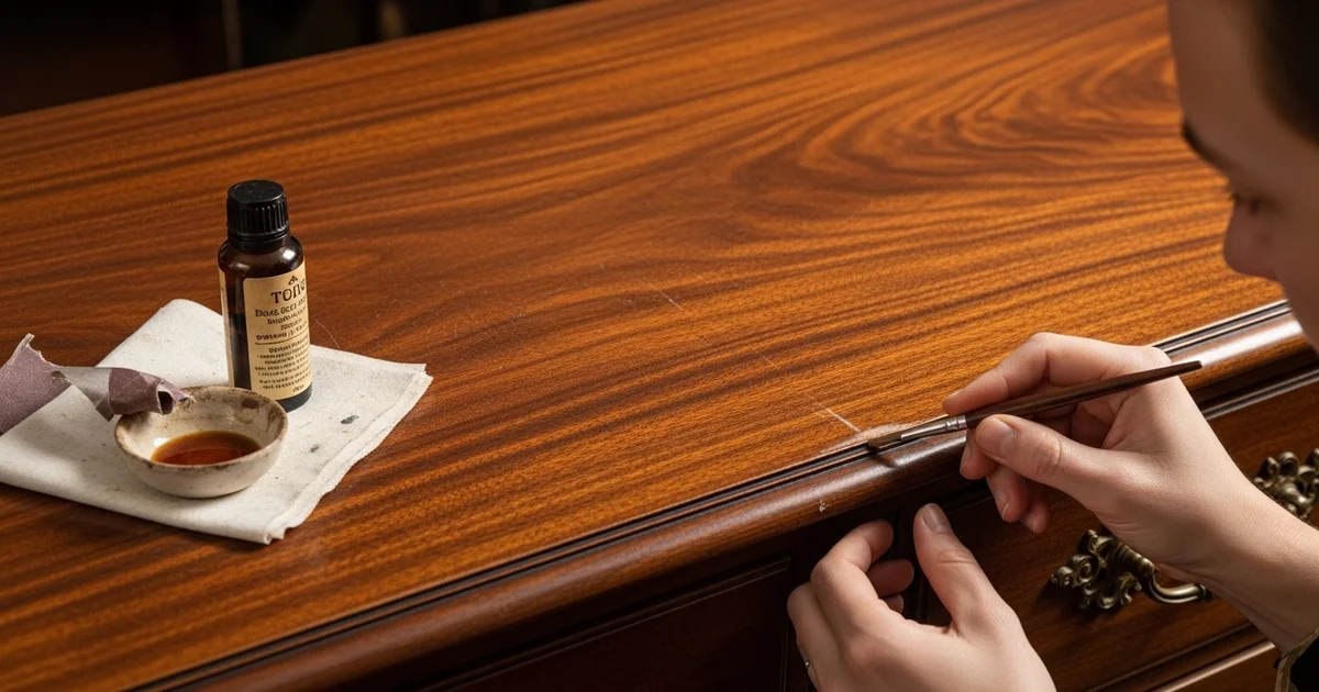 Close-up of a walnut wood table surface showing a scratch being filled with a brown wax fill stick, blending with the grain