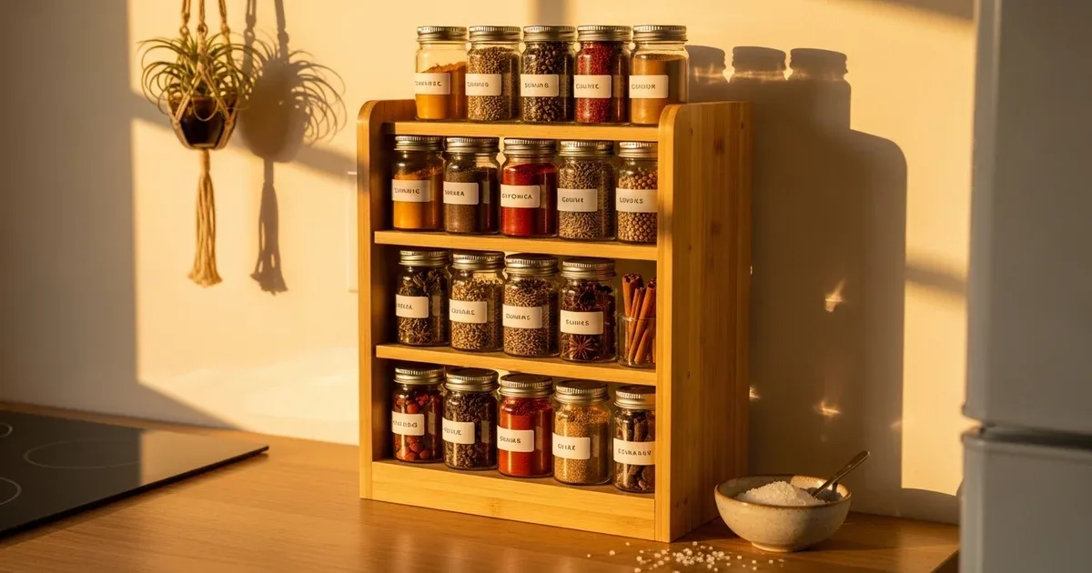 Open kitchen drawer showing uniformly sized spice jars with labels on top of each lid arranged in a single layer
