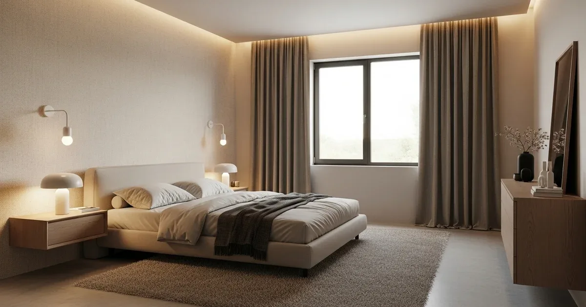 Bedroom window with thick floor-length curtains, a draft seal on the door, and a white noise machine on the nightstand