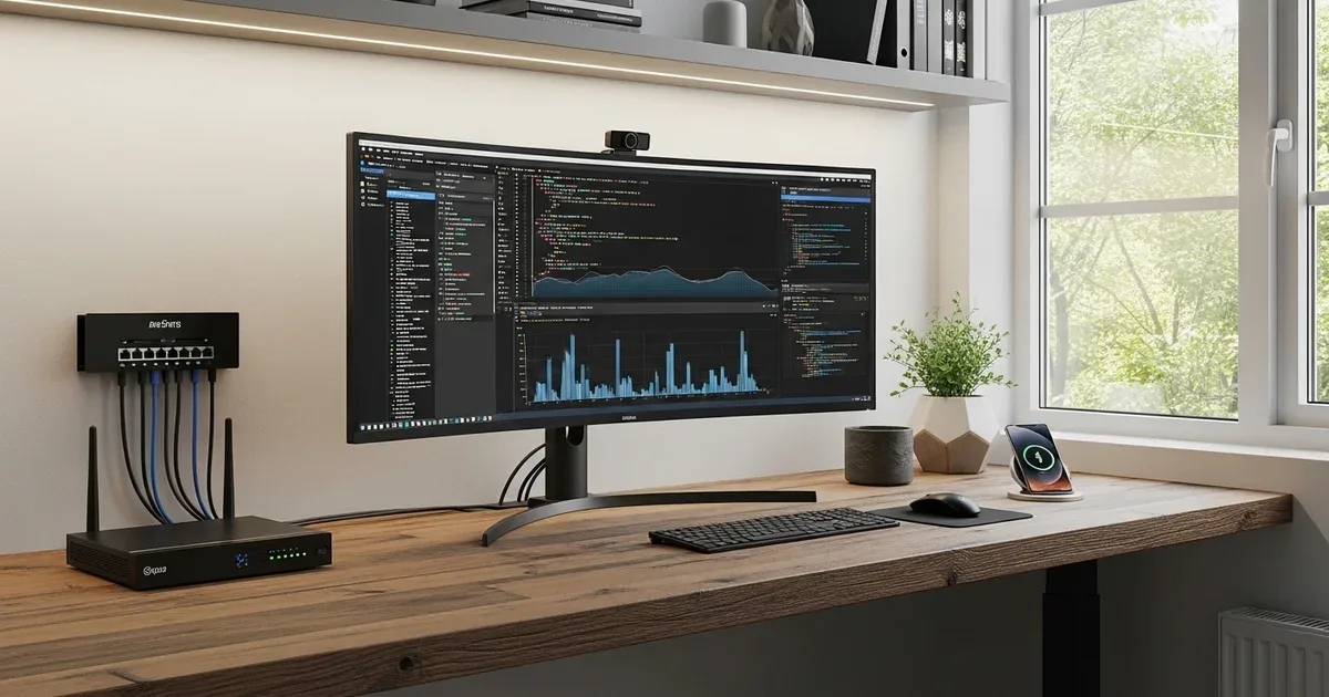 Home router with indicator lights on a shelf, with a laptop showing a router admin settings page open beside it