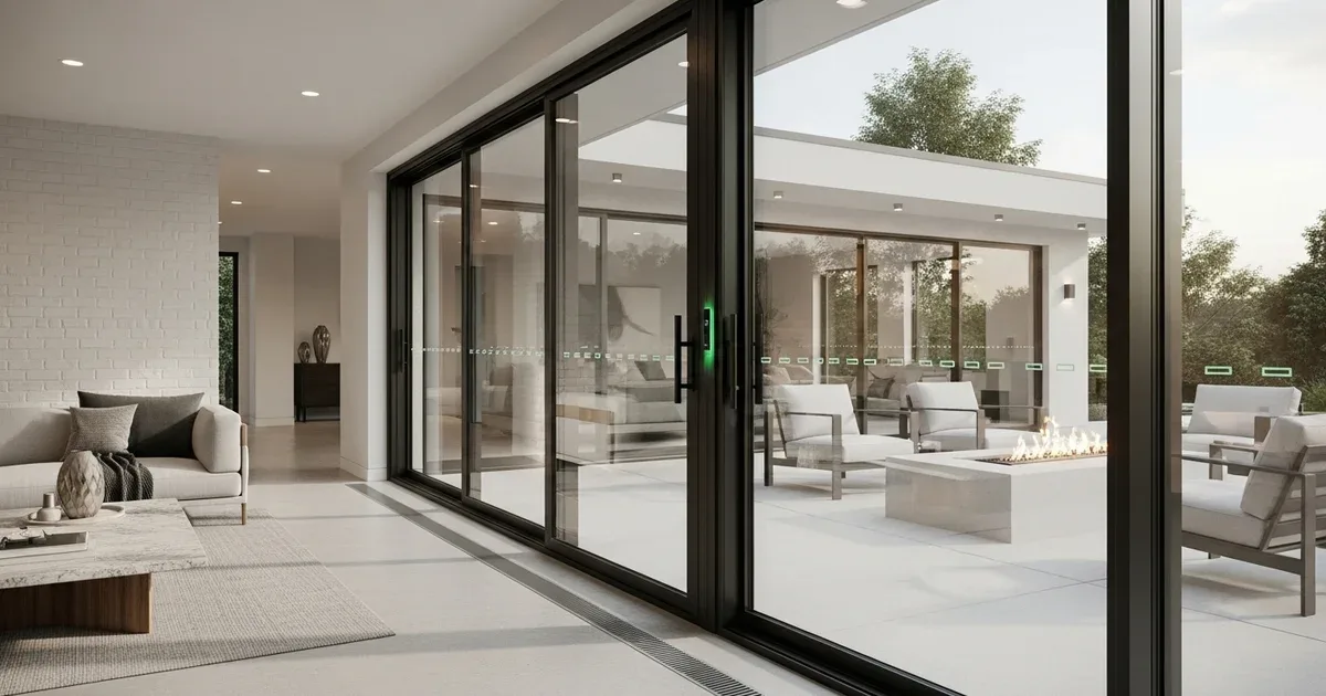 Sliding glass door with a cut-down wooden dowel in the floor track and a metal security bar leaned against the door frame