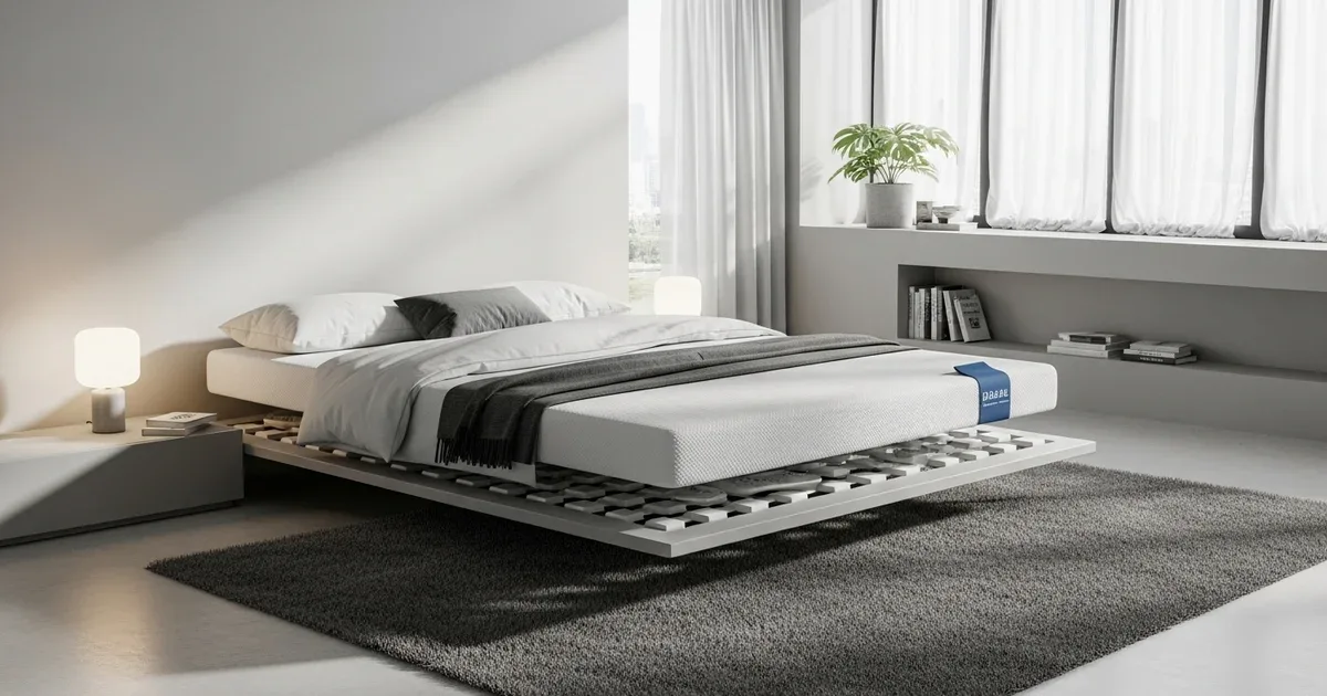 Mattress corner lifted to reveal a non-slip grip pad placed between the mattress and the platform bed frame surface