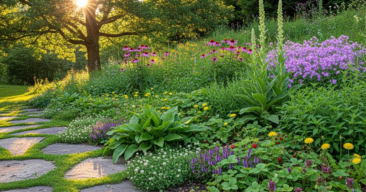 Garden bed with a thick layer of wood chip mulch suppressing weeds between established plants with clean soil visible