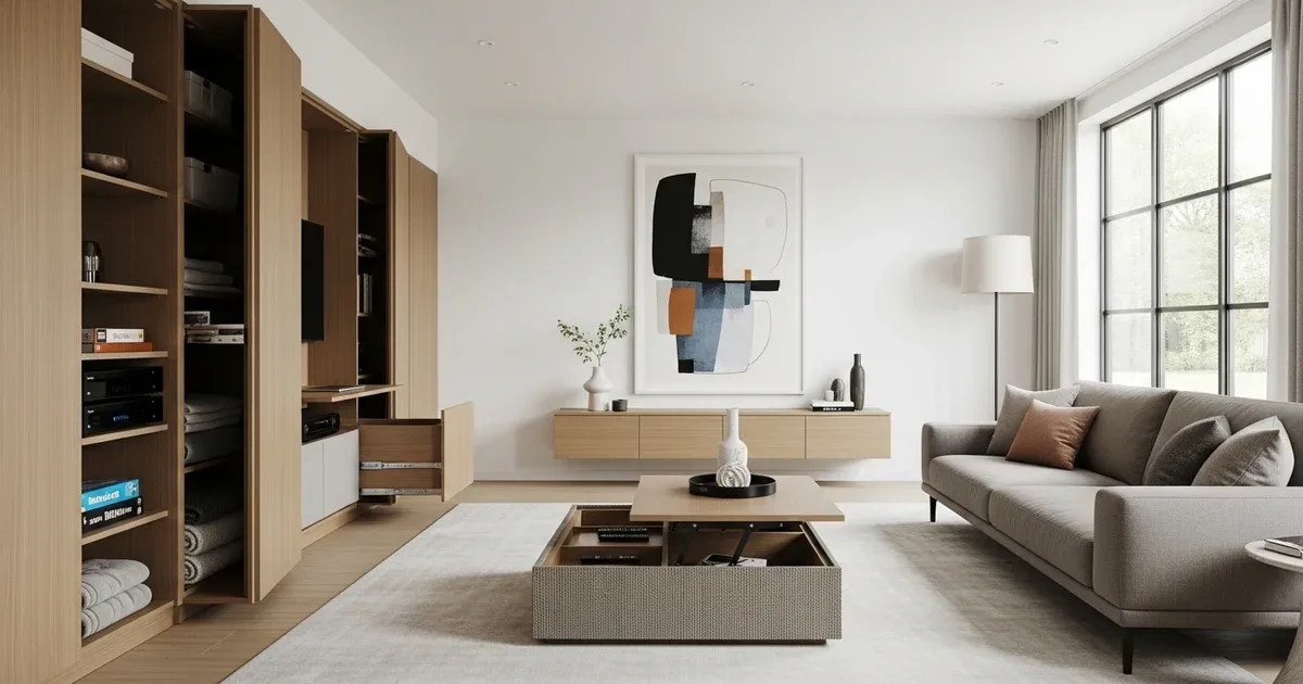 Living room with floating wall shelves styled with books and plants, a storage ottoman as coffee table, and built-in cabinetry flanking a TV