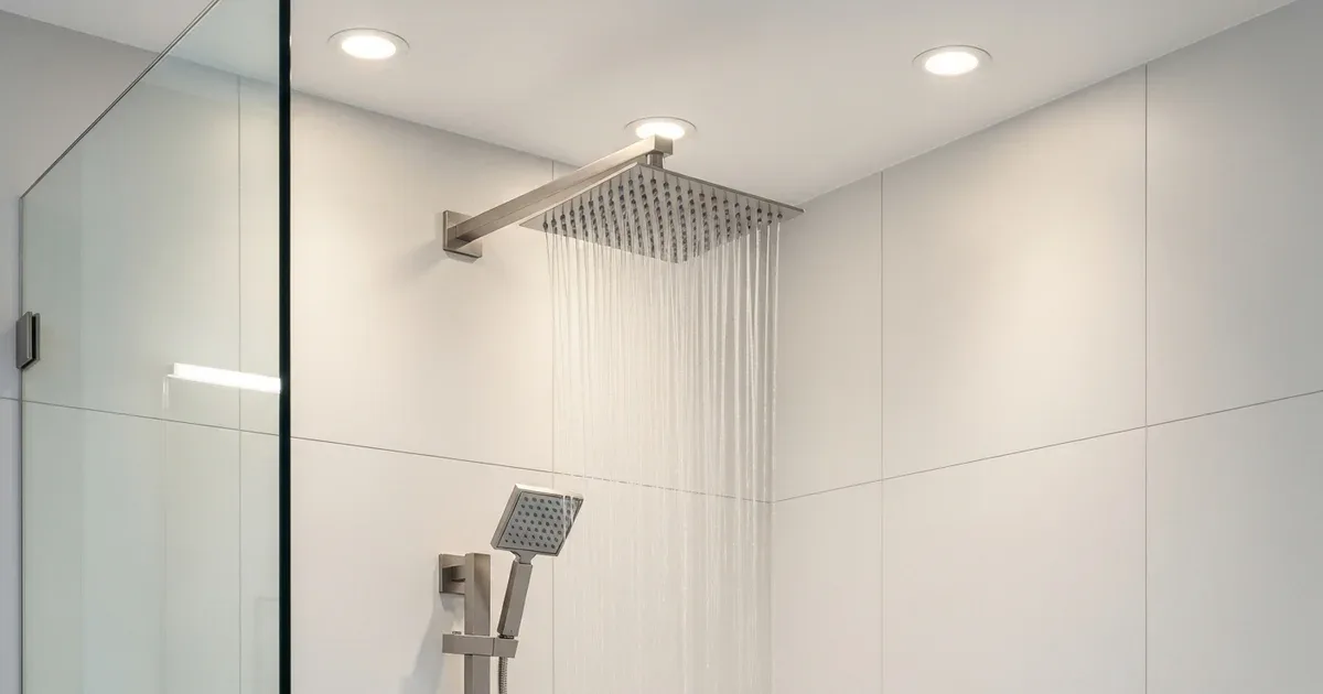 Wall-mounted low-flow shower head with a strong spray stream, plumber's tape visible on the pipe threads during installation