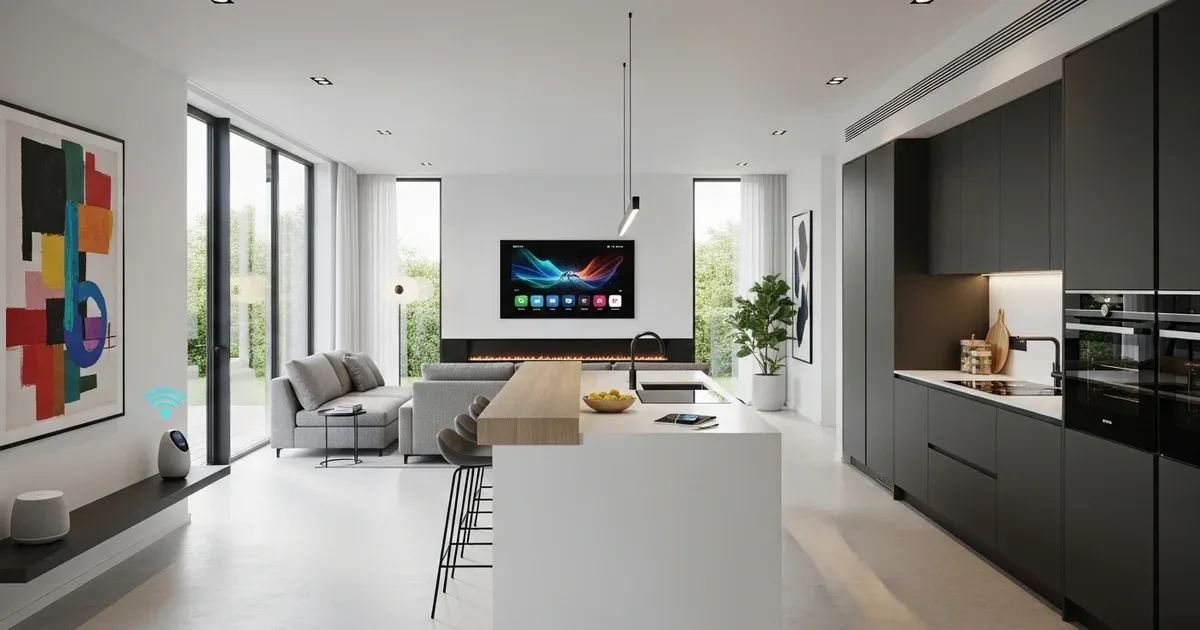Home router shelf with a smart home hub beside it, a tablet mounted to the wall showing a smart home dashboard