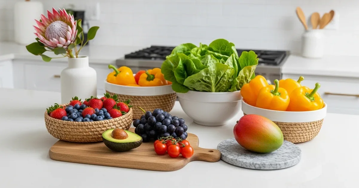 Refrigerator crisper drawer with berries stored in their container lined with paper towel, separate from apples and citrus