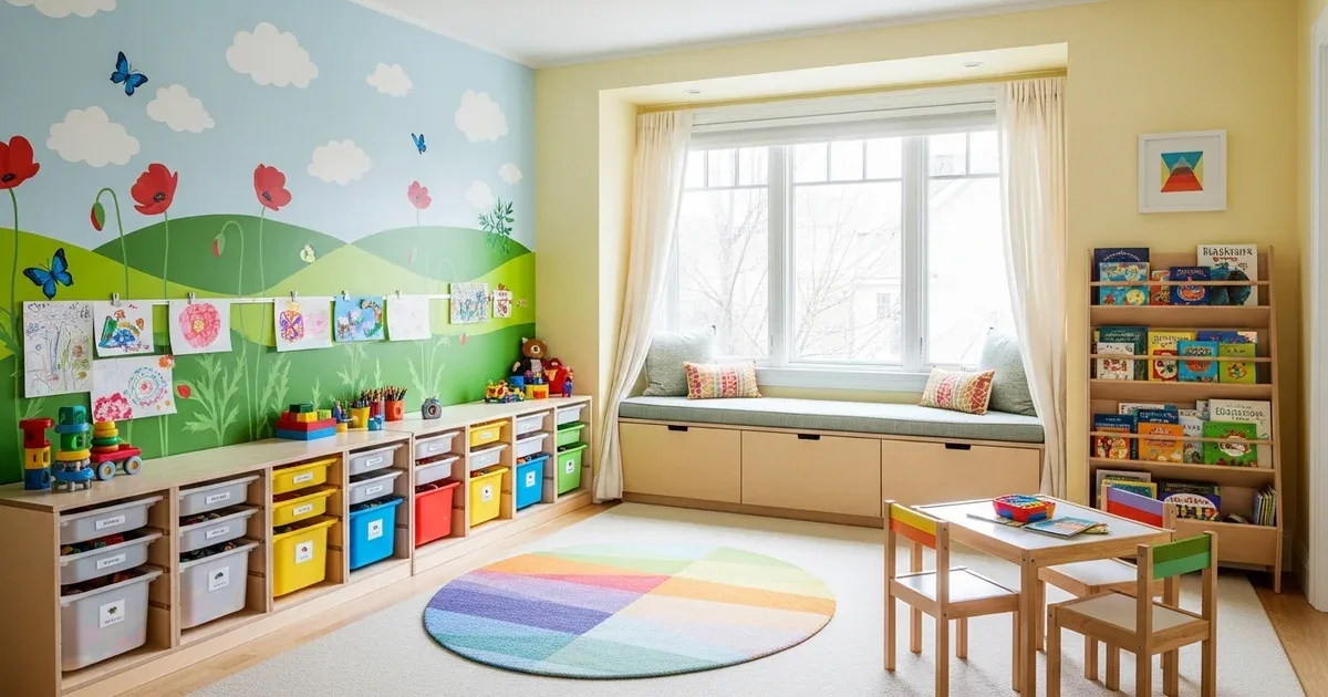 Children's playroom with labeled open bins at low height, each with a picture label showing the toy category inside