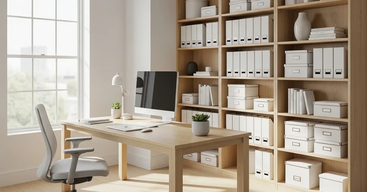 Kitchen counter with an inbox tray, a document scanner, and three clearly labeled folders showing an active paper sorting system