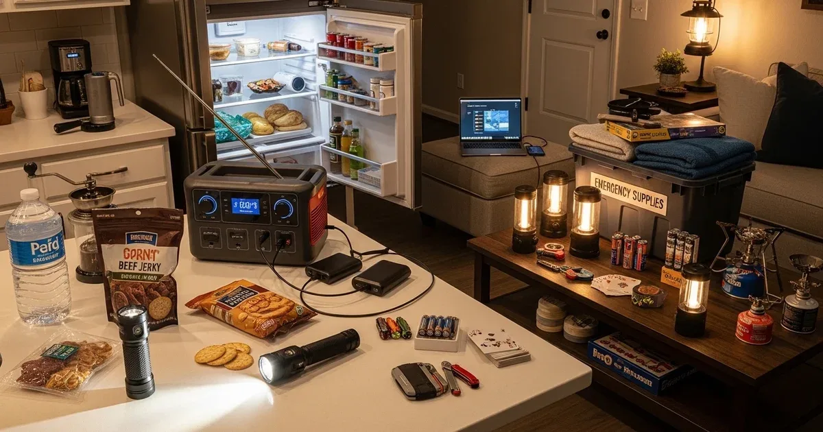 Kitchen table with a battery-powered lantern, water jugs, a power bank, and a manual can opener arranged for an outage kit