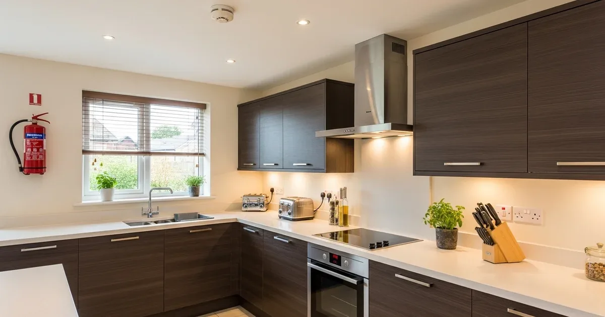 Kitchen stovetop with a fire extinguisher mounted visibly nearby and a pan with a lid beside it for smothering grease fires