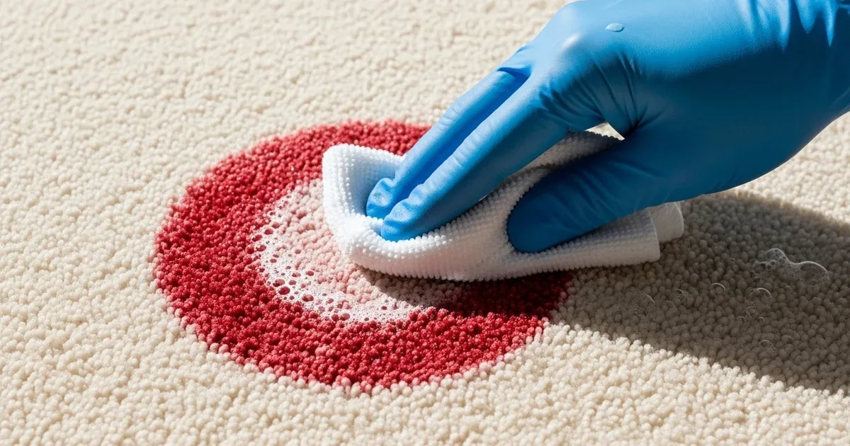 White cloth being used to blot a red wine stain on beige carpet, working from outside the stain inward