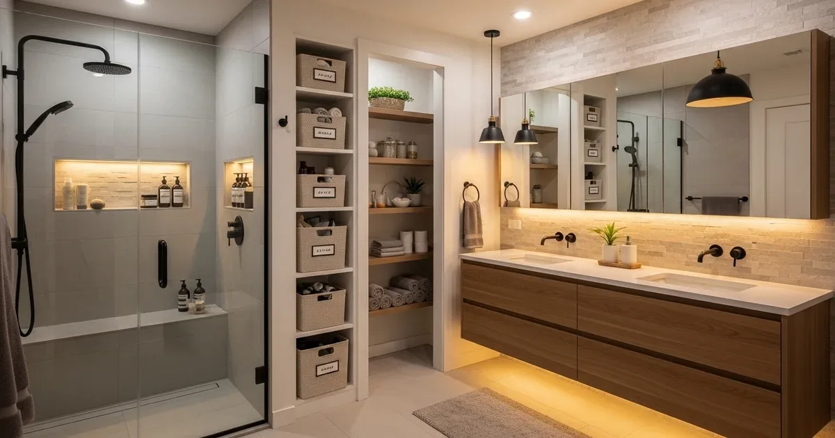Family bathroom with labeled baskets on a shelf for each family member, a caddy hanging in the shower, and a step stool for children under the sink