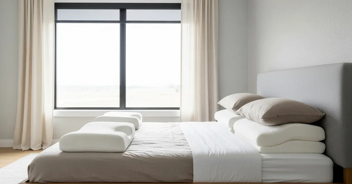 Side view of a person sleeping on their side with a pillow that fills the full shoulder-to-ear gap, spine visibly aligned