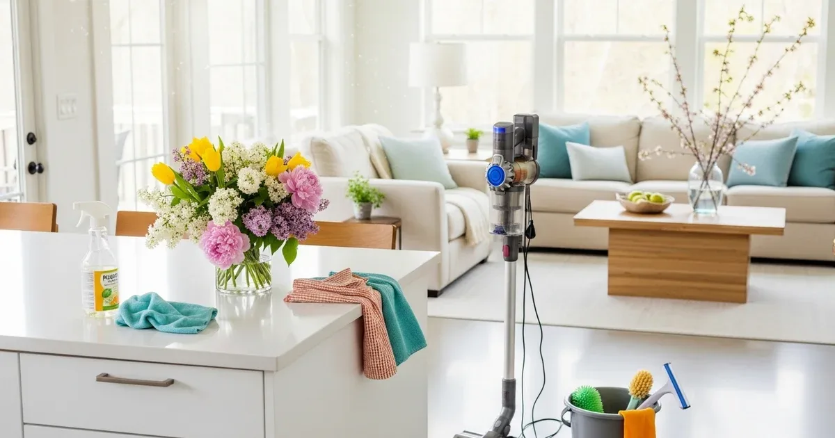 Cleaning supplies organized in a caddy beside an open room doorway, with windows open and sunlight coming through