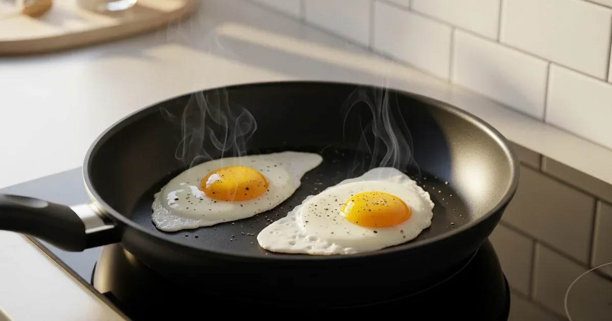 Stainless steel pan on a stovetop with water droplets beading and rolling across the surface before oil is added
