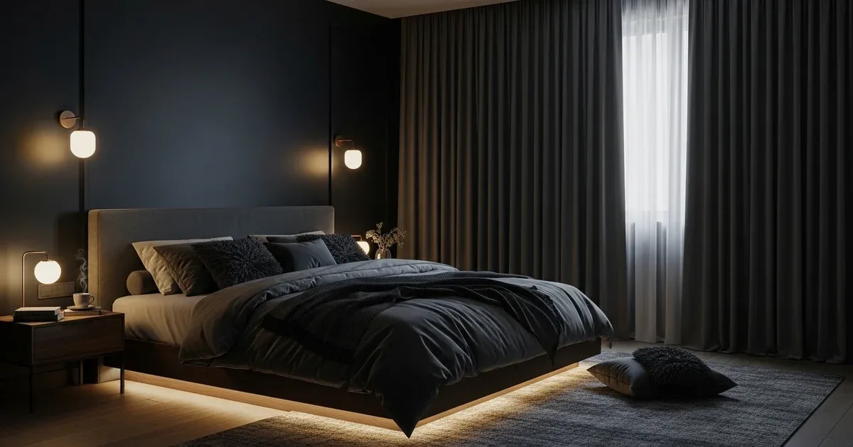 Completely darkened bedroom interior with no visible light sources, blackout curtains floor to ceiling, and no indicator LEDs