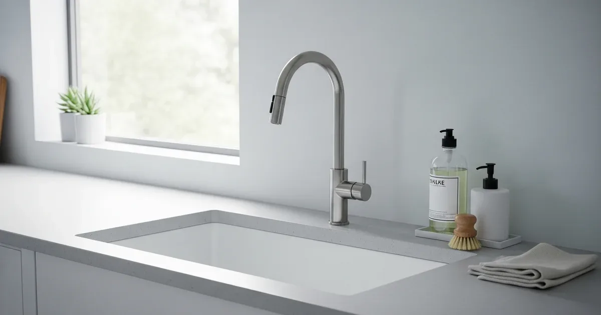Kitchen sink with a clean drain strainer, polished faucet, and open under-sink cabinet showing organized and dry plumbing